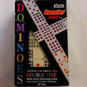 Excite rooster mark double nine color dot Dominos 55 tiles w carrying case NIB